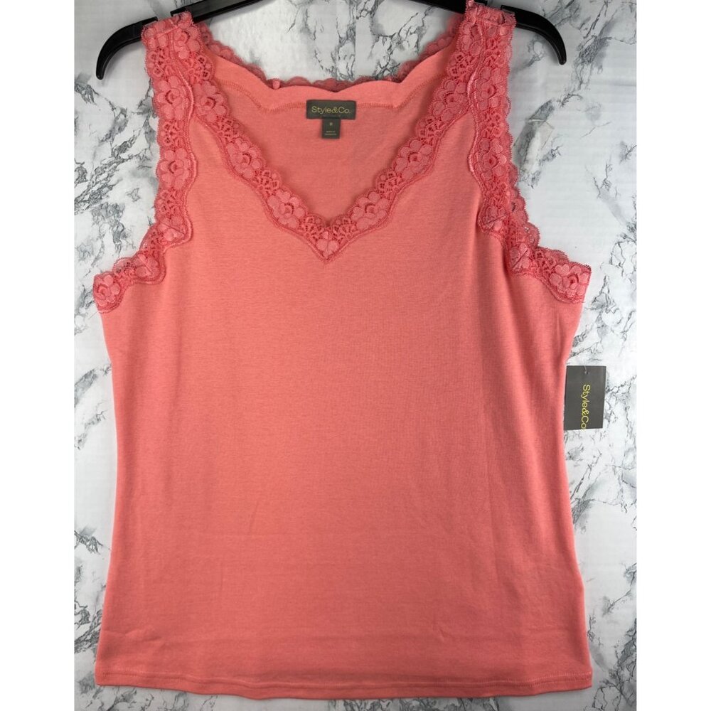 Style & Co Womens Size Medium Scallop Tank Top Salmon Rose Lace Trim 100% Cotton